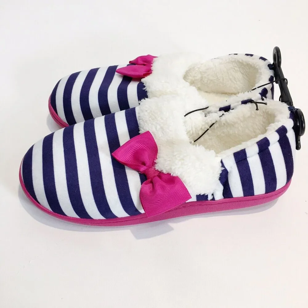 Girls Slippers NAVY BLUE WHITE STRIPED Pink Bow SHERPA LINED Rubber‎ Sole XL 4-5